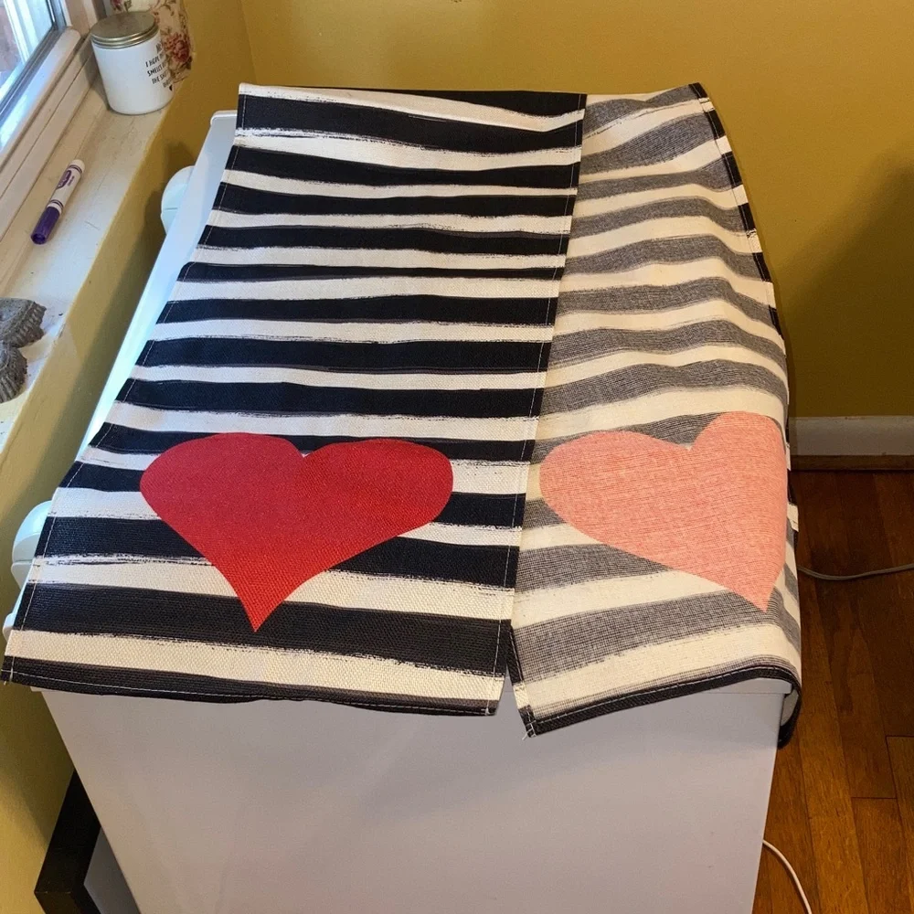 Table Runner RED HEARTS Black and White Stripes Valentines Farmhouse 108 x 13 in